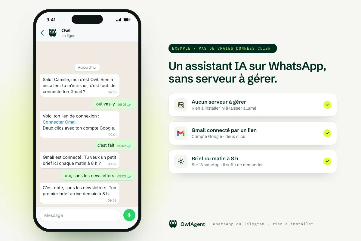 Alternative à OpenClaw sans serveur : exemple de conversation WhatsApp où Owl connecte Gmail par un lien puis met en place un brief du matin