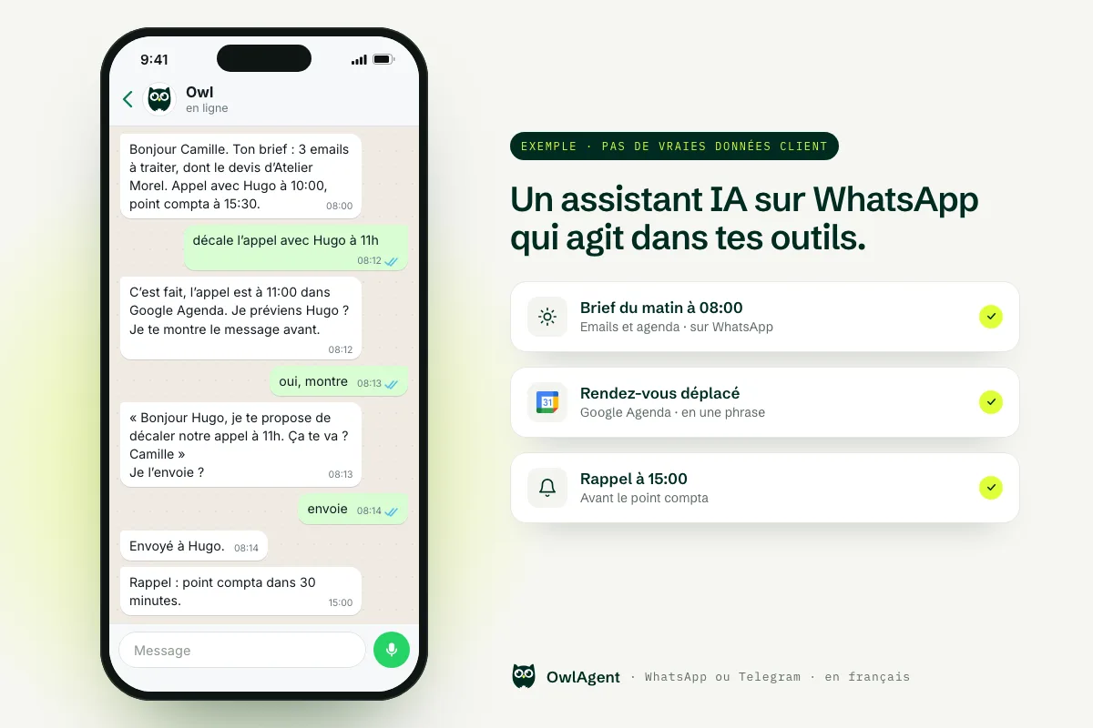 Meilleur assistant IA sur WhatsApp : exemple de conversation où Owl envoie le brief du matin, déplace un rendez-vous dans Google Agenda, fait valider un email avant de l’envoyer puis envoie un rappel l’après-midi