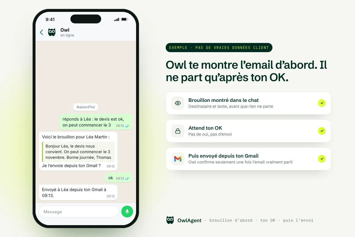 OwlAgent est-il sûr : exemple de conversation WhatsApp où Owl montre le brouillon et attend ton OK avant d’envoyer un email depuis Gmail