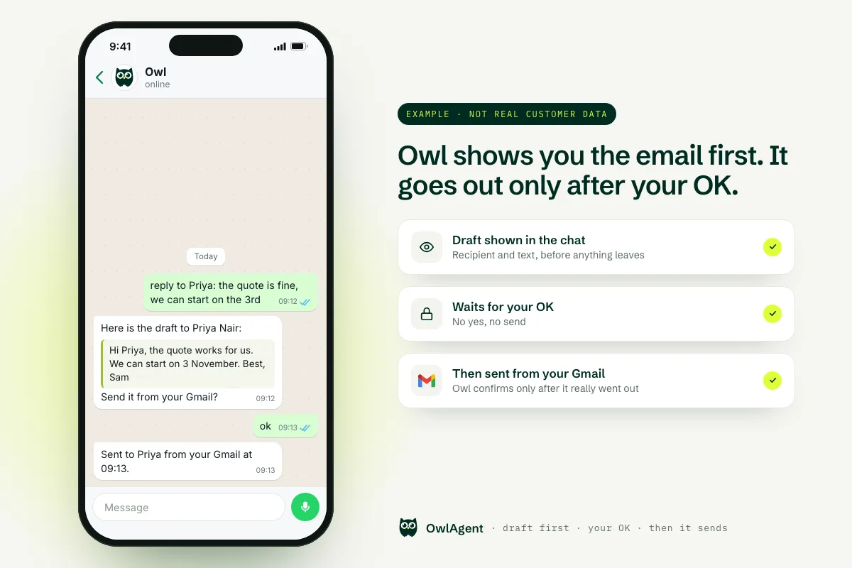 Is OwlAgent safe: example WhatsApp chat where Owl shows the draft and waits for your OK before sending an email from Gmail