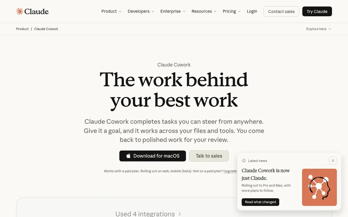 Claude Cowork product page: The work behind your best work