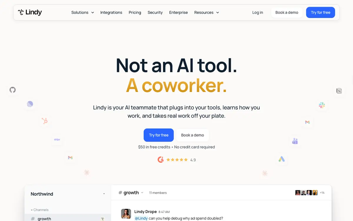 Lindy homepage: Not an AI tool. A coworker.