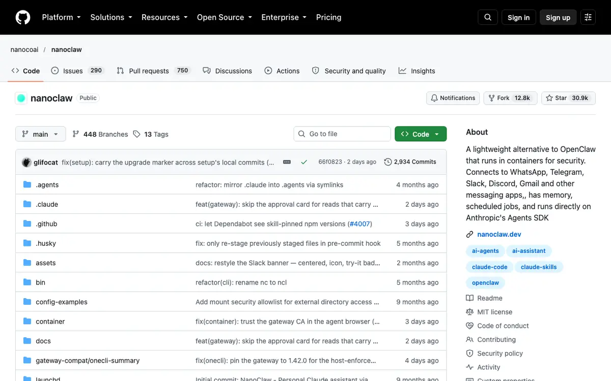NanoClaw GitHub repository: a lightweight alternative to OpenClaw that runs in containers