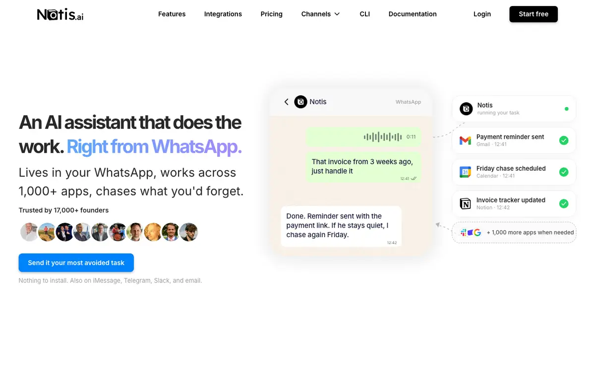 Notis homepage: An AI assistant that does the work. Right from WhatsApp.