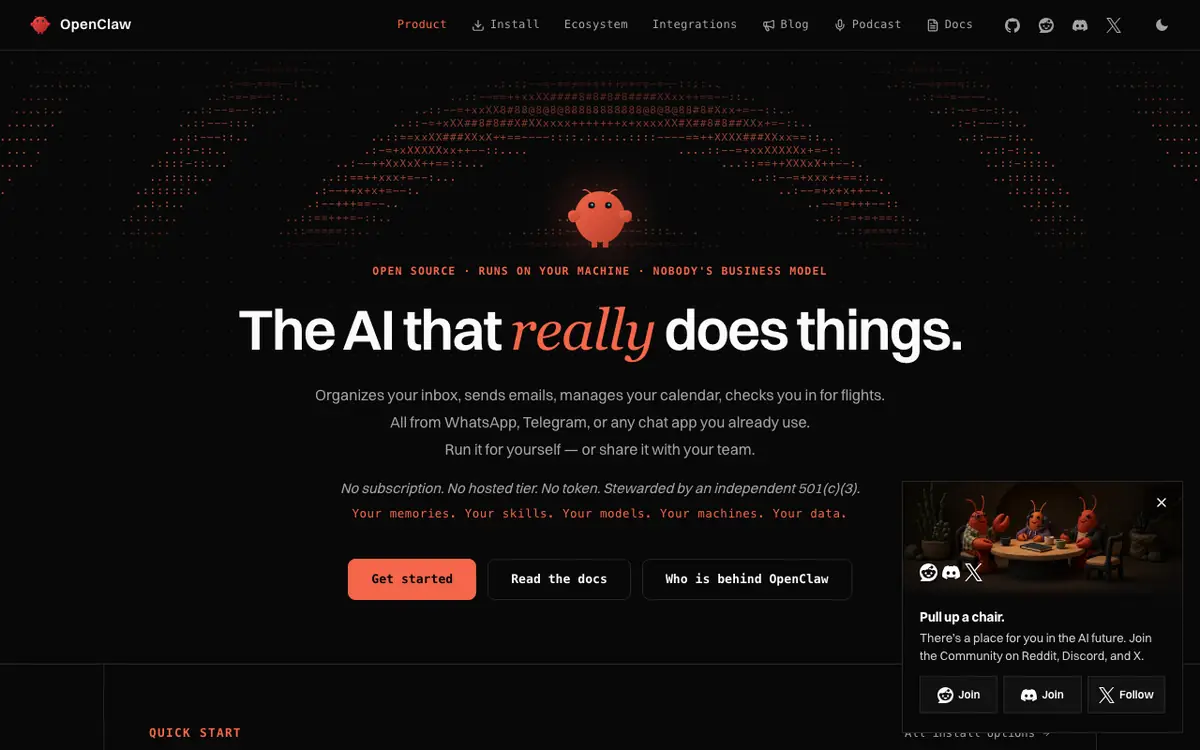 OpenClaw homepage stating: No subscription. No hosted tier. No token.