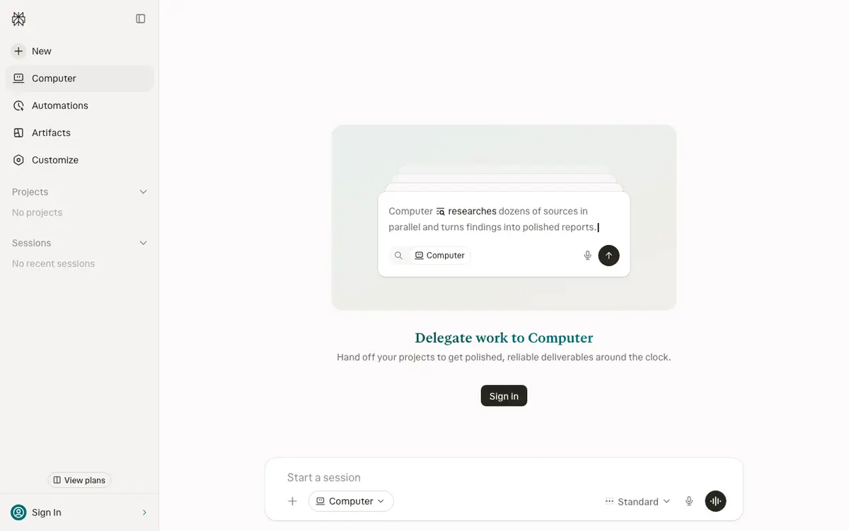 Perplexity Computer page: Delegate work to Computer