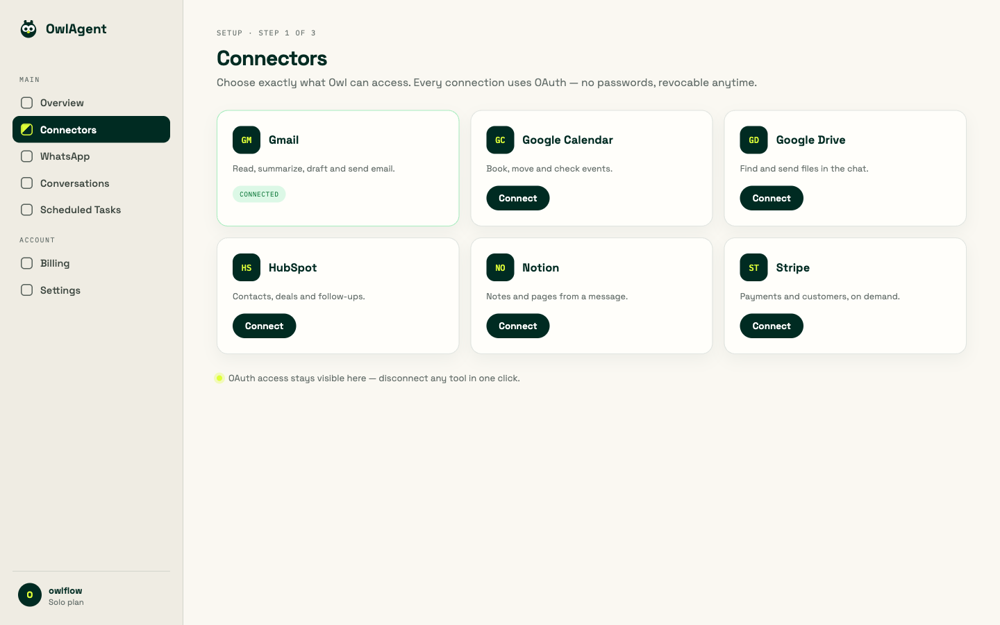 OwlAgent dashboard — Connectors page with Gmail connected via OAuth