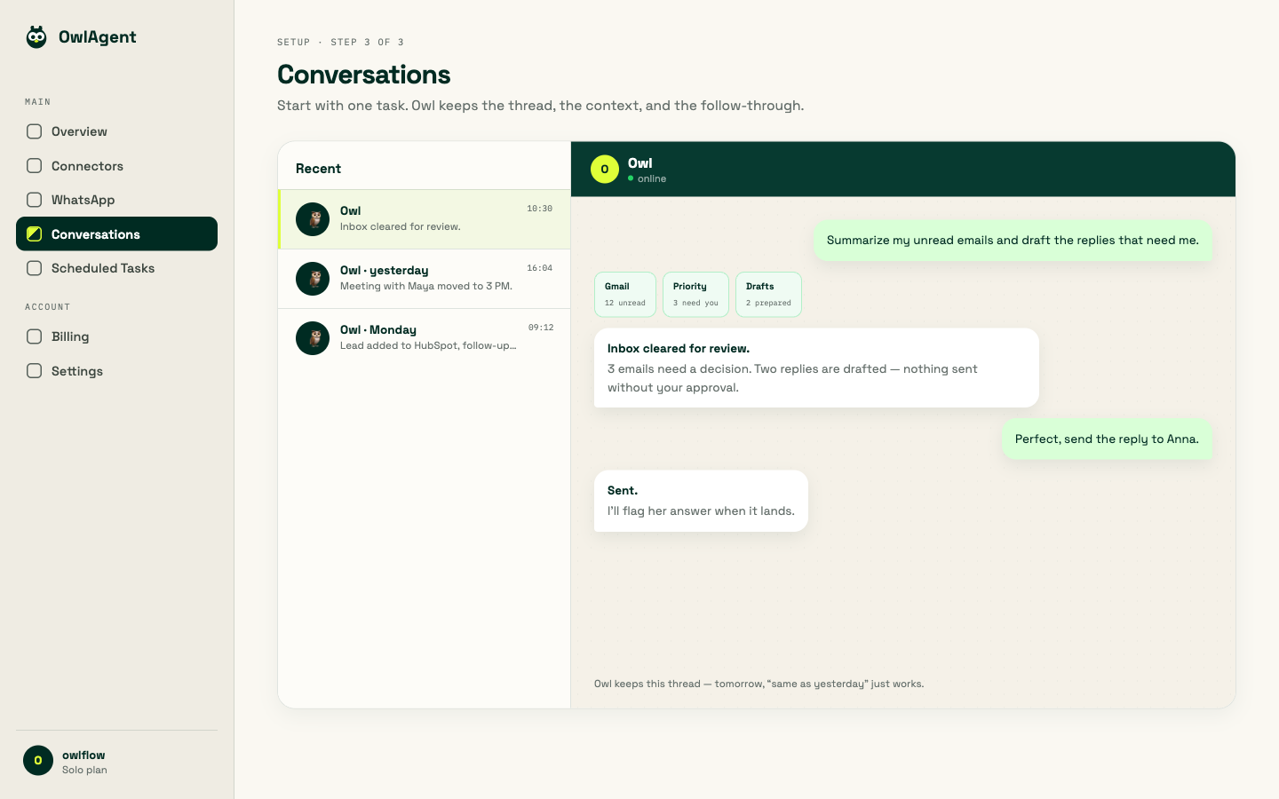 OwlAgent dashboard — a WhatsApp conversation handling the first task