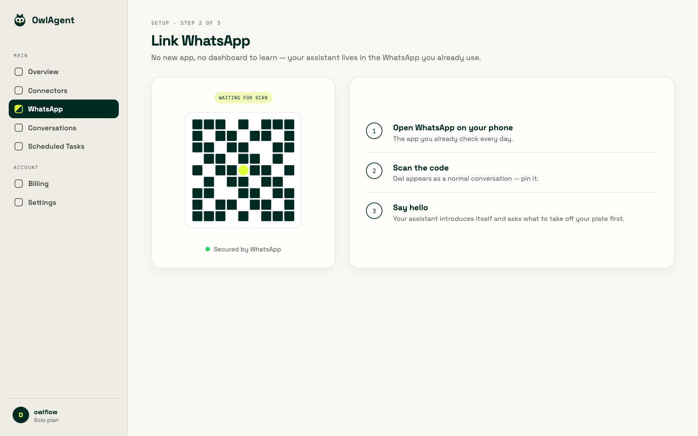 OwlAgent dashboard — linking WhatsApp by scanning a code